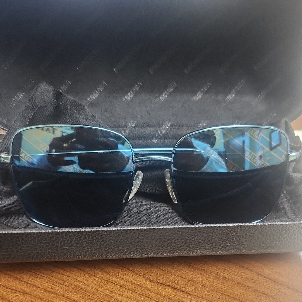 Balenciaga Blue Glasses V/Black Embossed Leather Case